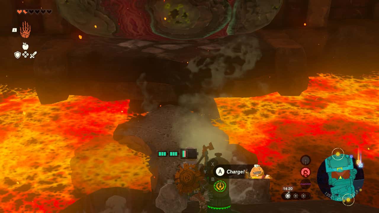 Tears of the Kingdom Fire Temple: Link building a bridge of stone across a pool of lava.
