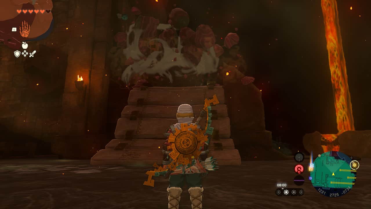 Tears of the Kingdom Fire Temple: Link standing in front of a broken bridge while Yunobo breaks a large boulder.