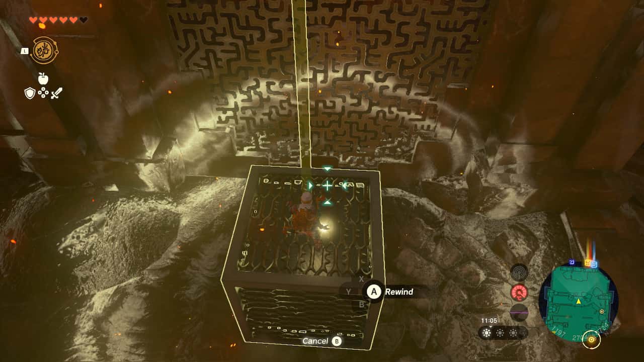 Tears of the Kingdom Fire Temple: Link preparing to use Recall on a metal cube while stood on it.