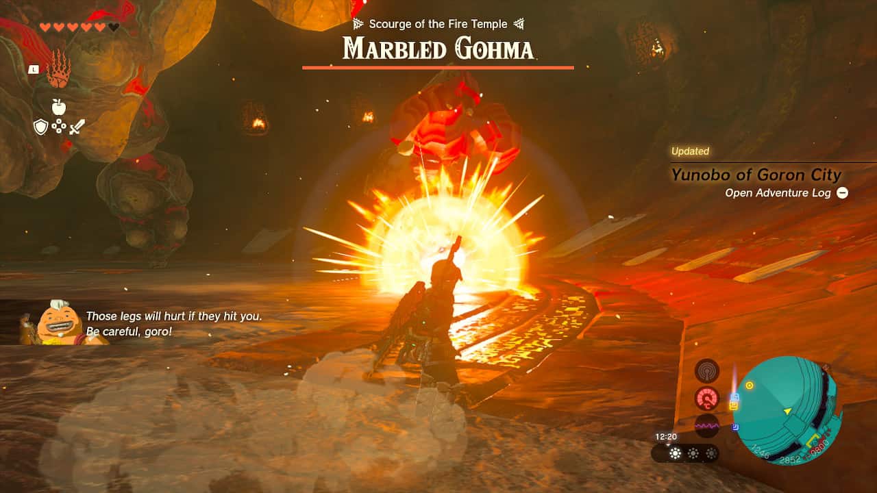 Tears of the Kingdom Marbled Gohma: Link blowing up one of Marbled Gohma's legs with Yunobo.