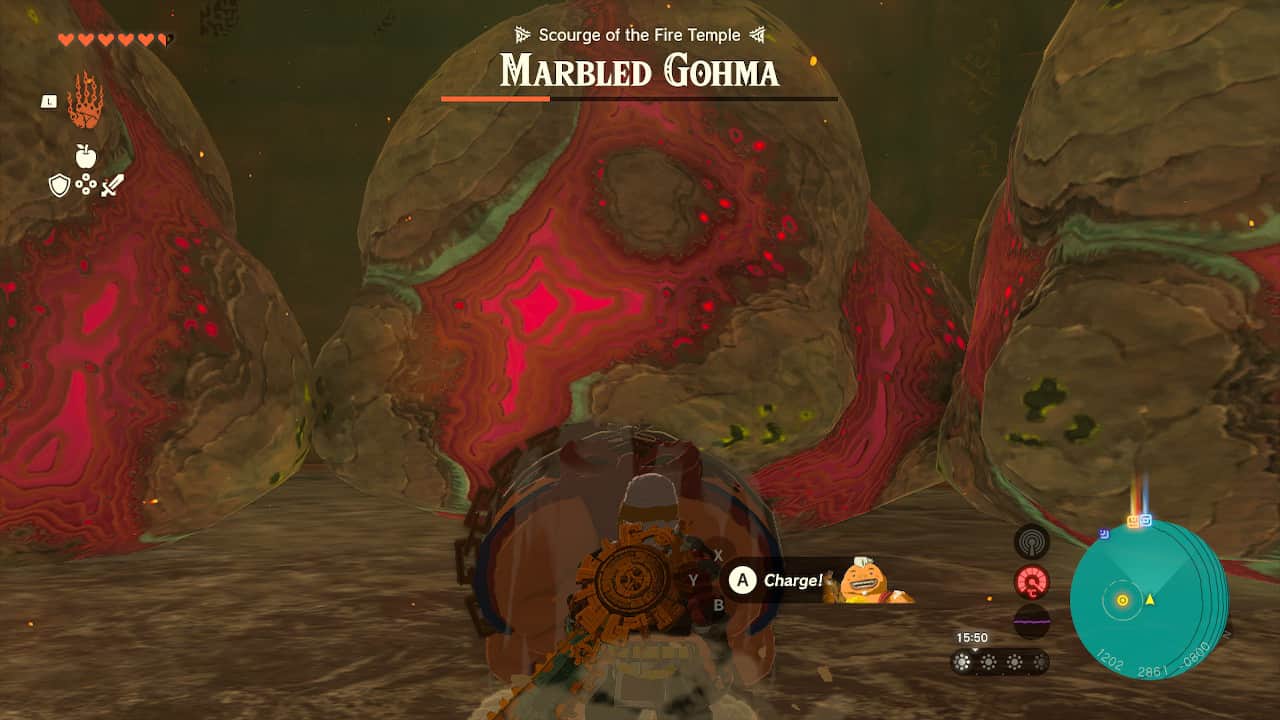 Tears of the Kingdom Marbled Gohma: Link preparing to fire Yunobo at some marbled rocks.