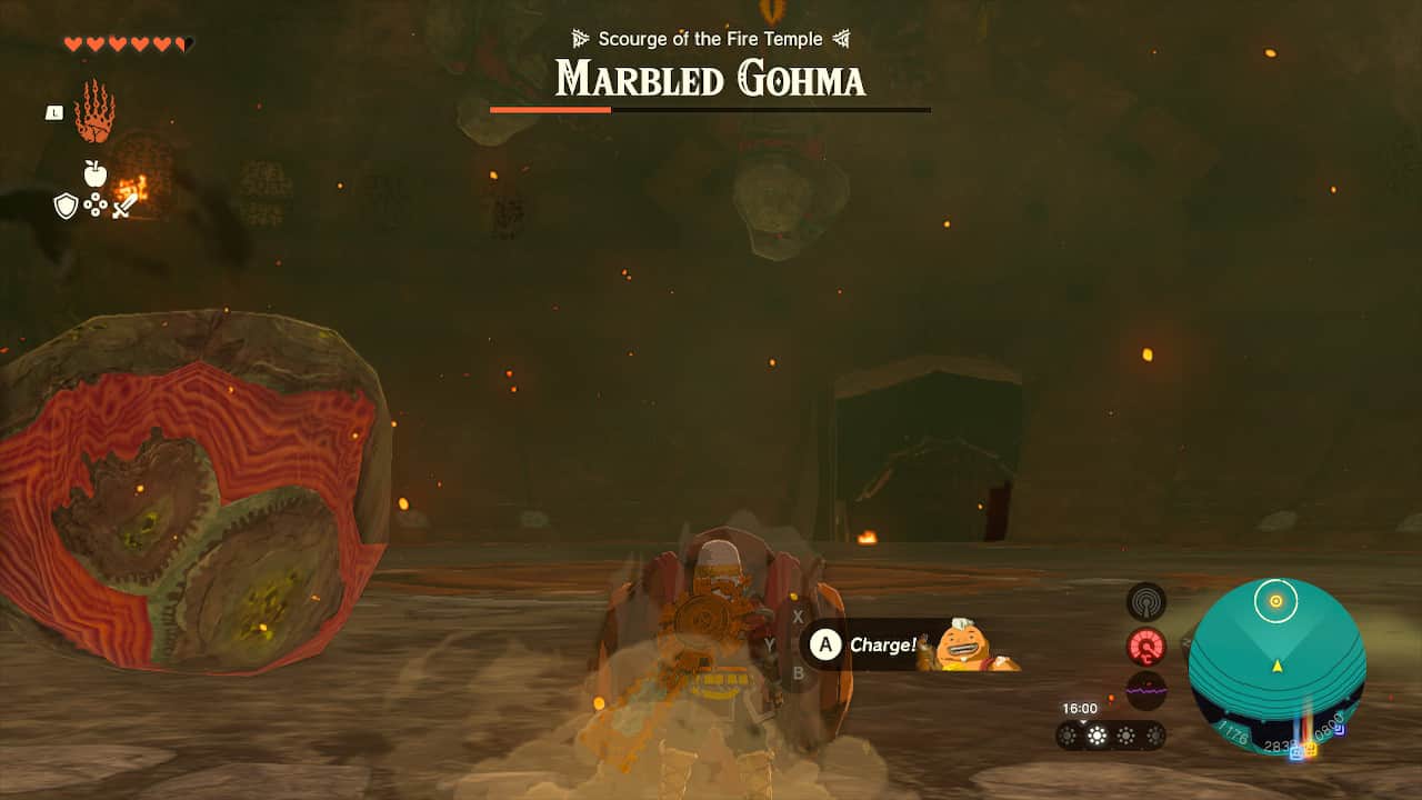 Tears of the Kingdom Marbled Gohma: Link preparing to fire Yunobo at a wall.