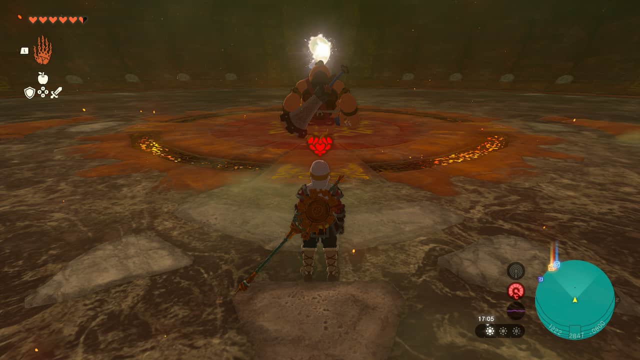 Tears of the Kingdom Marbled Gohma: Link standing in front of a Heart Container. Yunobo stands facing a Secret Stone in the background.