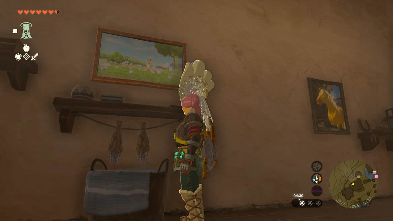 Tears of the Kingdom easter eggs: Link standing in front of two pictures, one of a woman in a field, and one of a golden horse.
