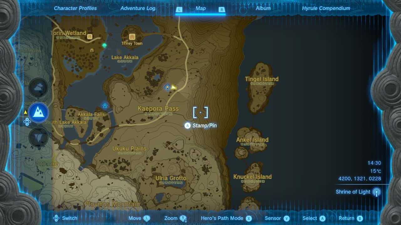 Tears of the Kingdom easter eggs: A map of southern Akkala showing Kaepora Pass and Tingel Island.