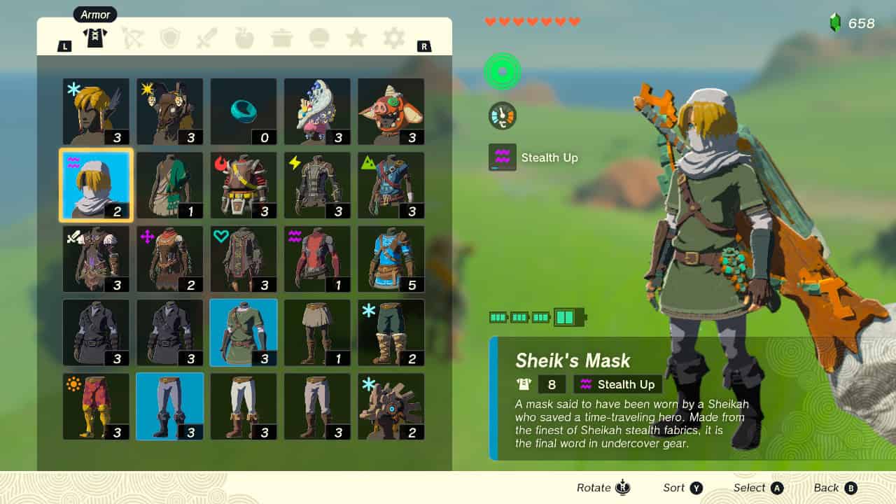 Tears of the Kingdom easter eggs: Link wearing clothes based on various previous Zelda titles.