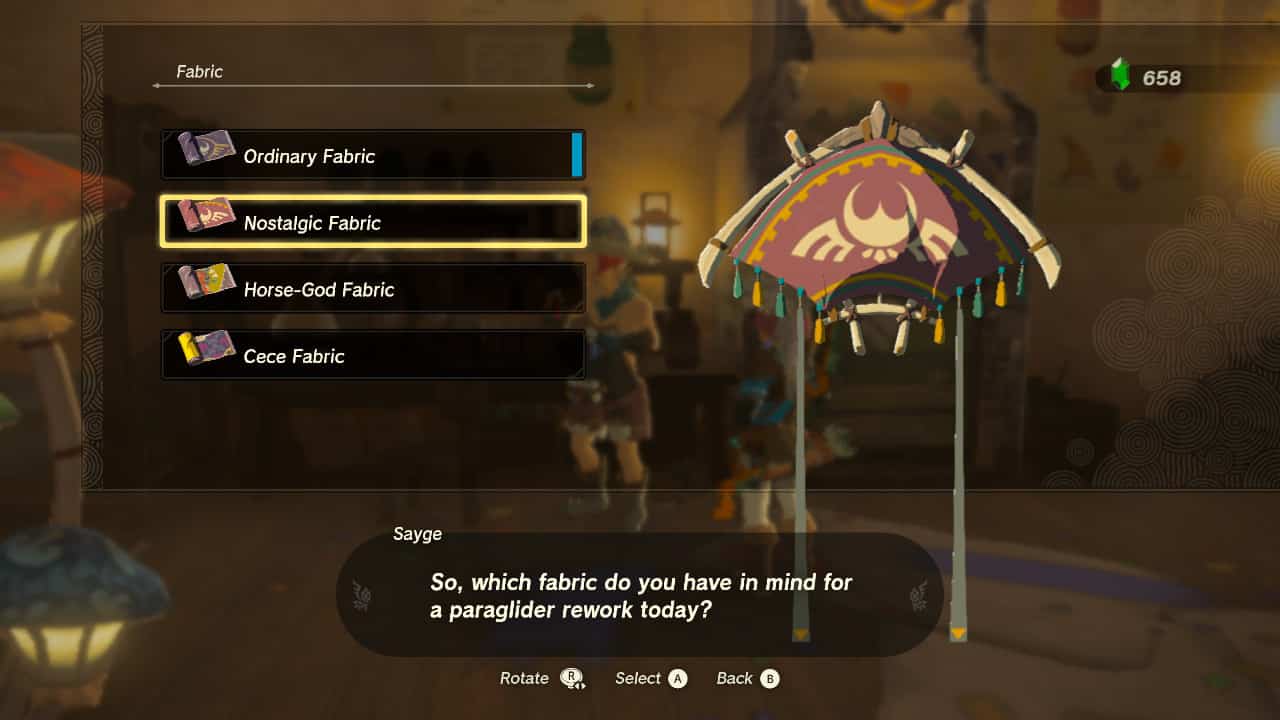 Tears of the Kingdom easter eggs: Link changing the fabric of his paraglider.