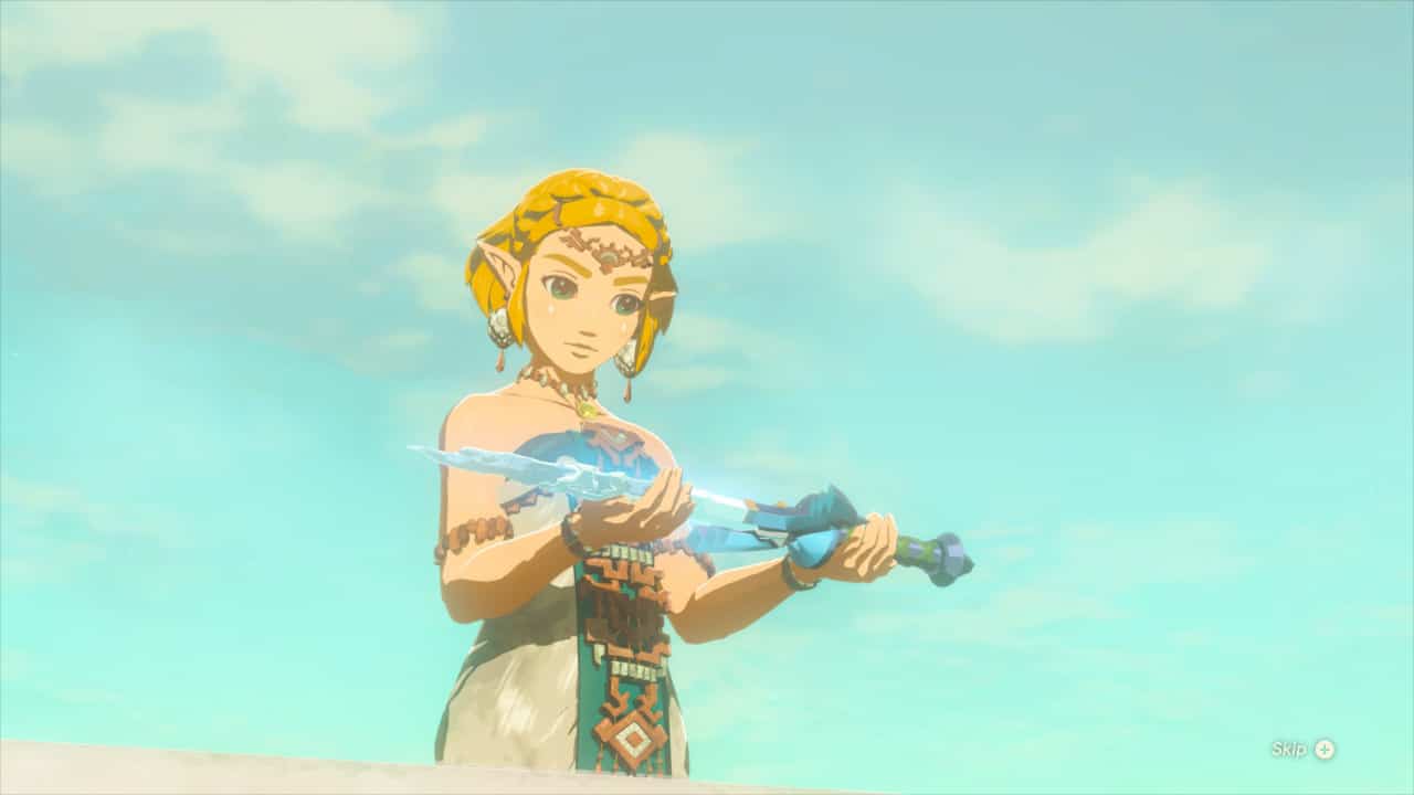 Tears of the Kingdom easter eggs: Zelda holding the glowing Master Sword.