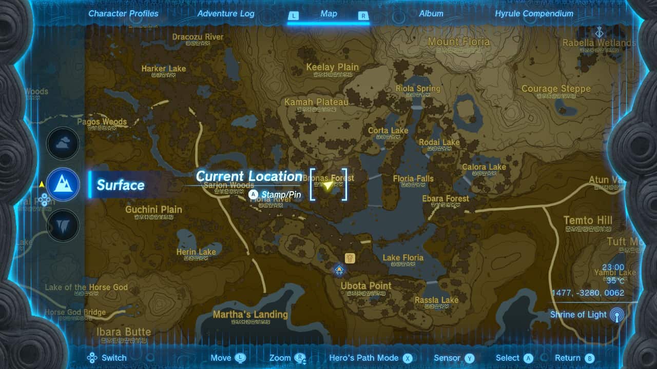 Tears of the Kingdom bladed rhino beetle: The location of Bronas Forest on a map of Hyrule.