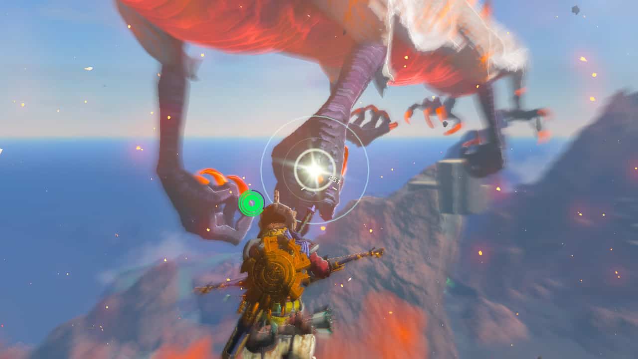 Tears of the Kingdom dragon claws: Link in bullet time with the claw of Dinraal shining.