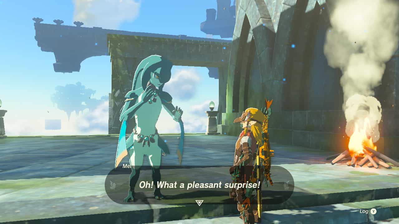 Tears of the Kingdom A Wife Wafted Away: Link talking with Mei on the sky island.