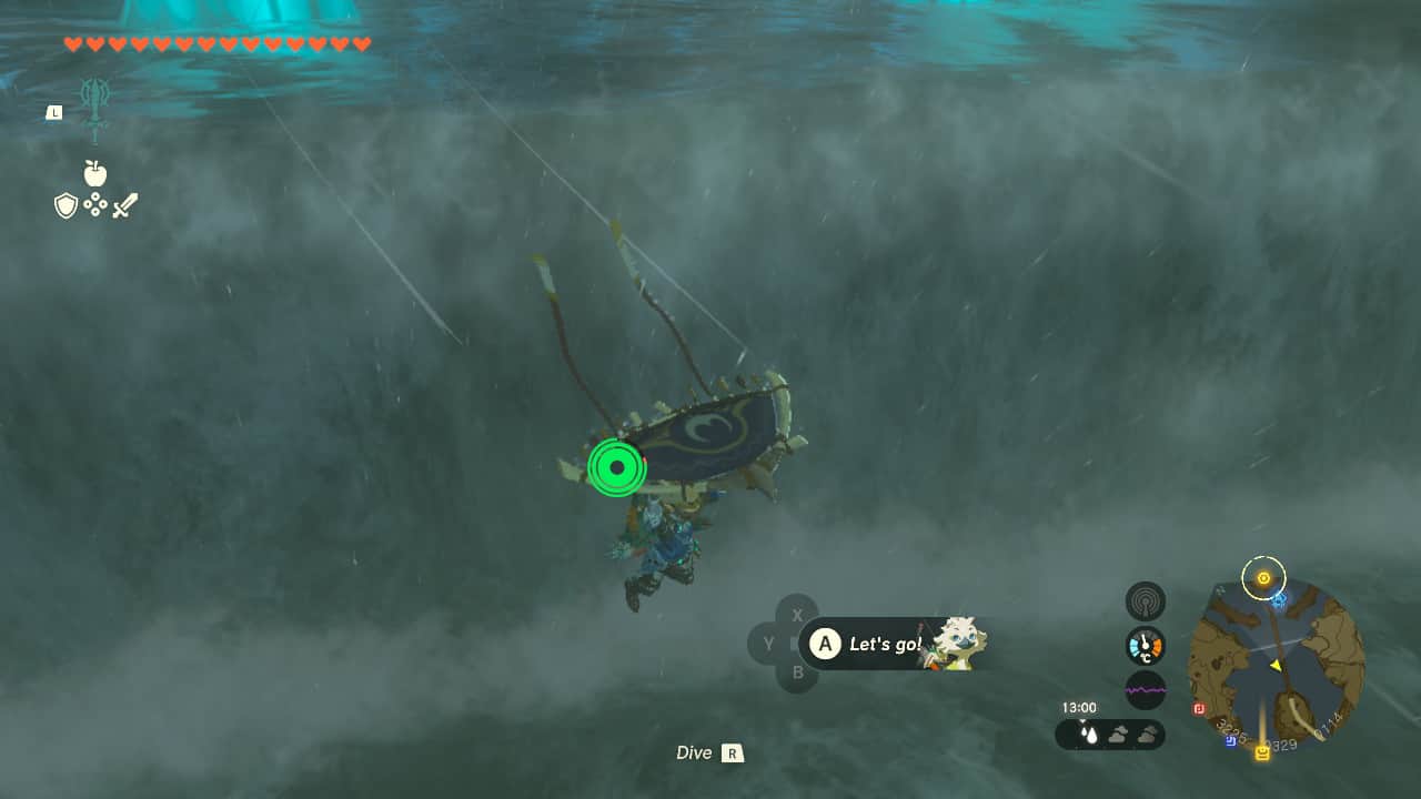 Tears of the Kingdom Secret Treasure Under the Great Fish: Link paragliding over the waterfall underneath Zora's Domain
