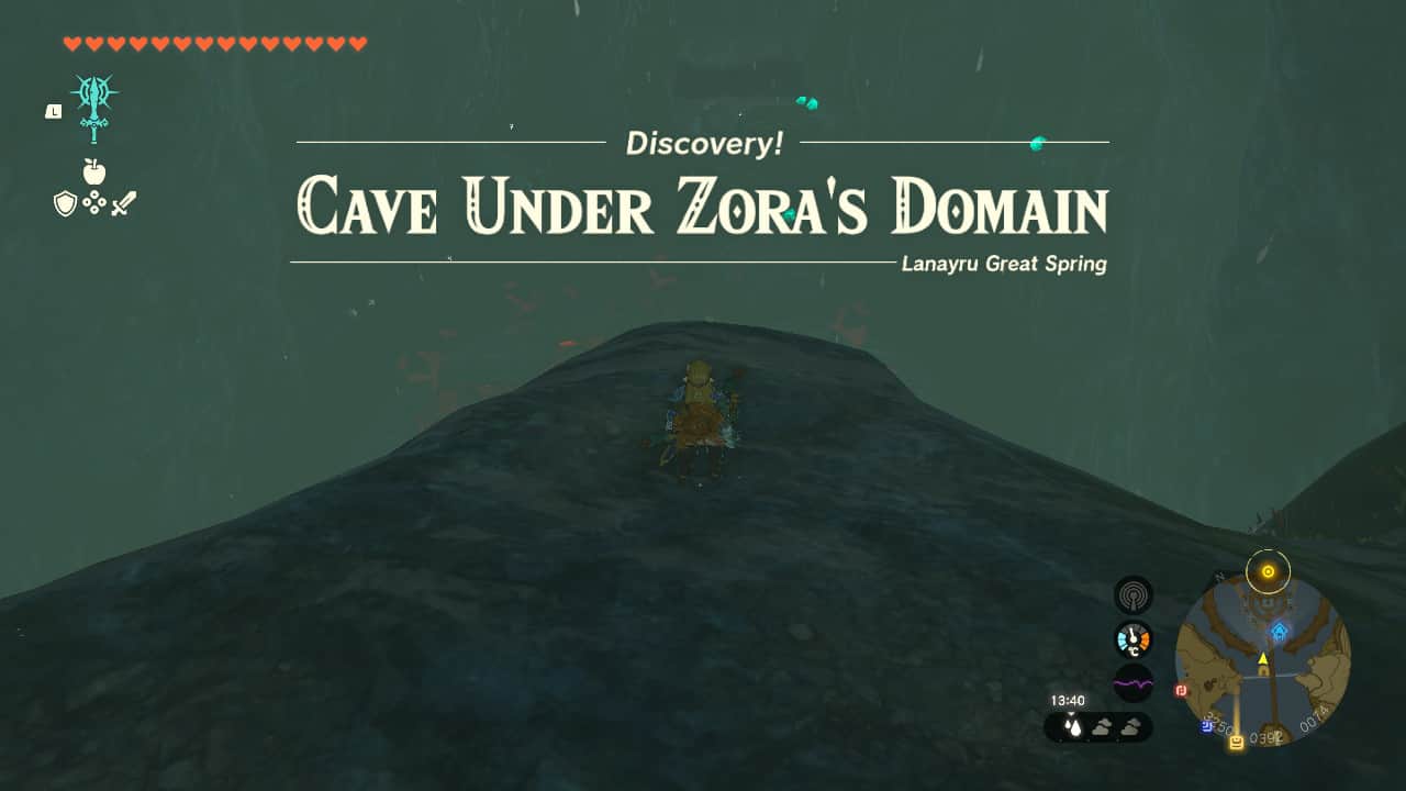 Tears of the Kingdom Secret Treasure Under the Great Fish: Link inside the Cave Under Zora's Domain