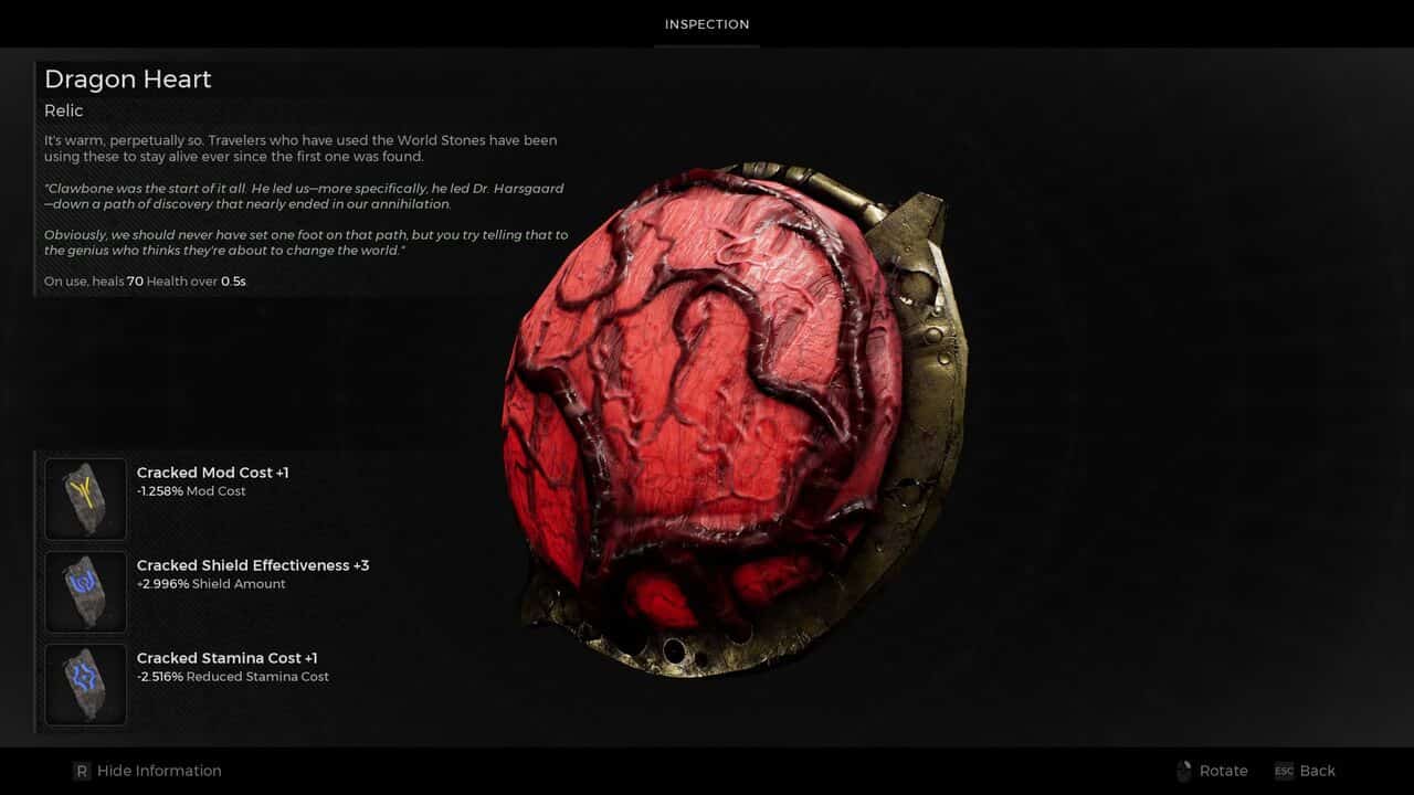 Remnant 2 Dragon Heart: The Dragon Heart inspect screen.