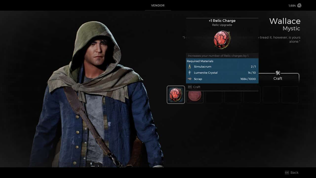 Remnant 2 Dragon Heart: The Dragon Heart upgrade cost in Wallace's vendor menu.