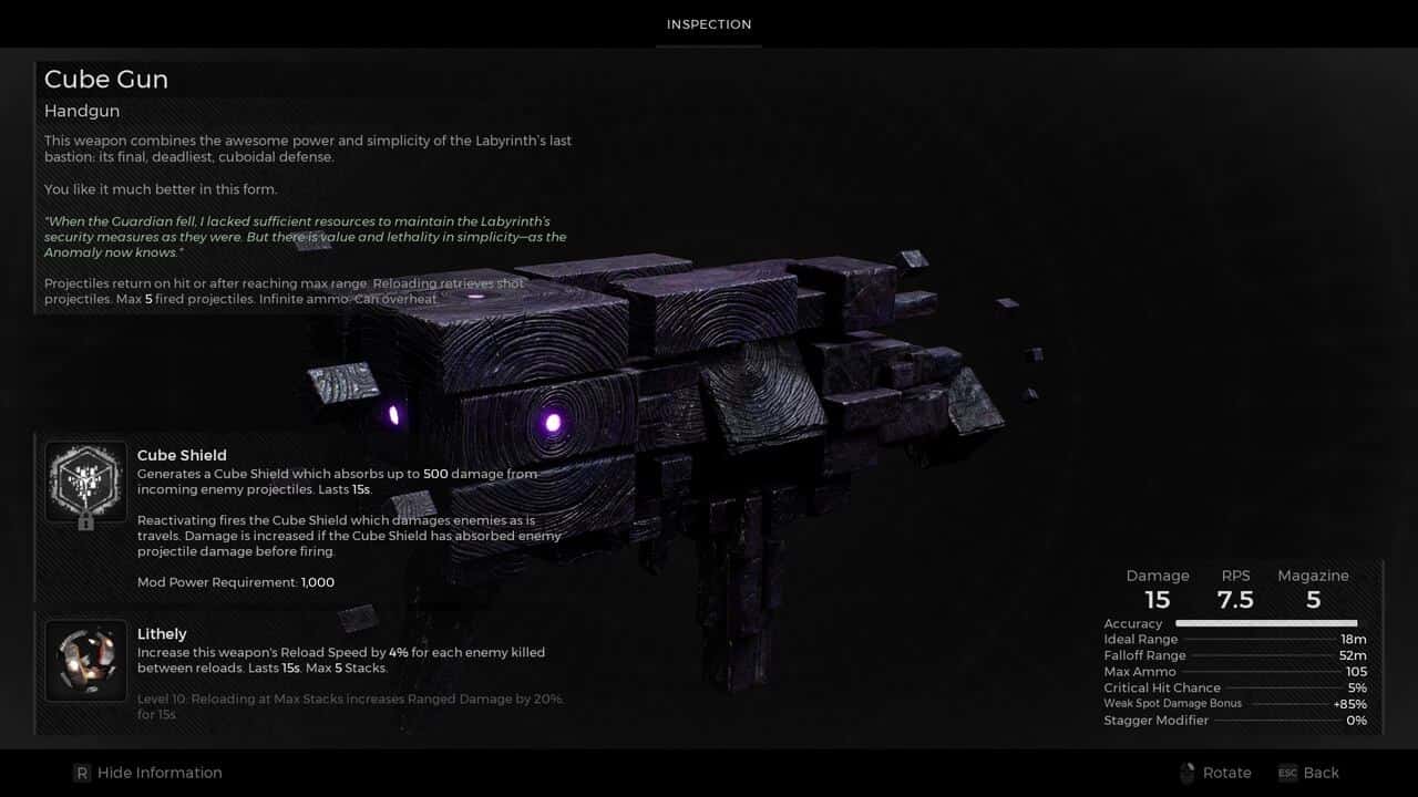 Remnant 2 best weapons: The Cube Gun inspection screen.
