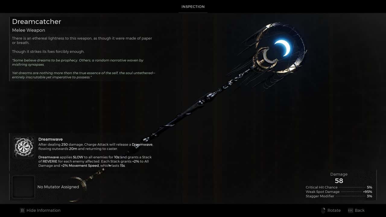 Remnant 2 Nightweaver Stone Doll: The Dreamcatcher inspect screen.