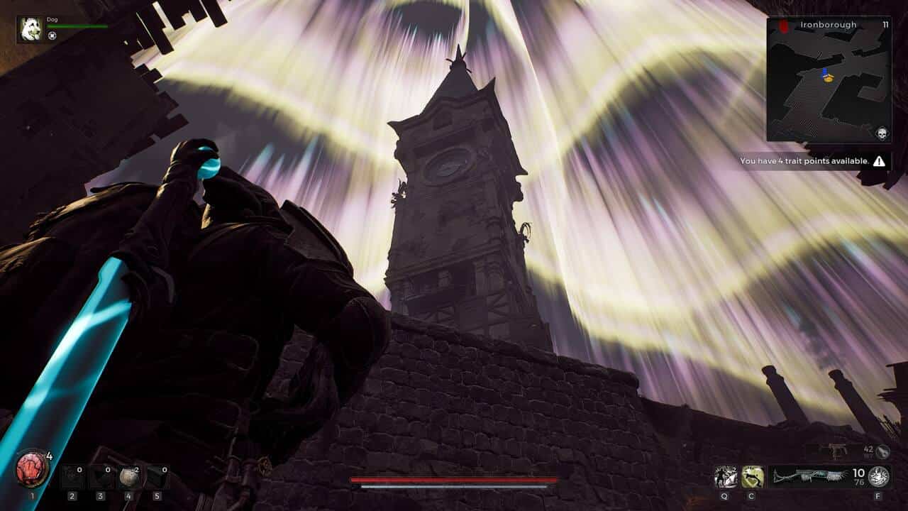 Remnant 2 clock puzzle: A player looking up at the clock tower with a bright aurora in the sky above.