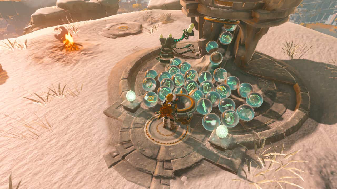 Tears of the Kingdom zonai charge: Link receiving zonai devices from a device dispenser.