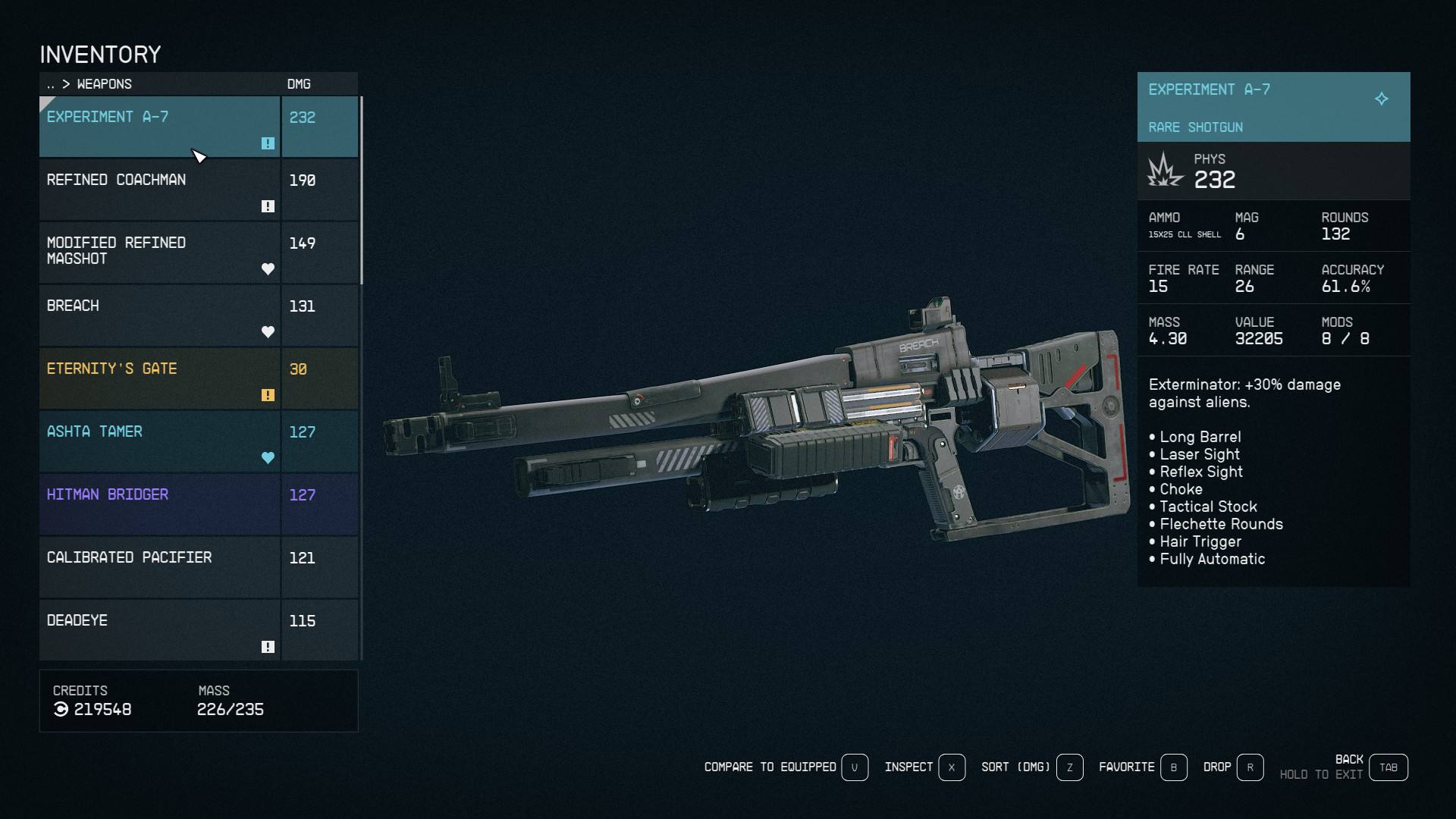 Best Starfield weapons: The Experiment A-7 gun in a player's inventory.
