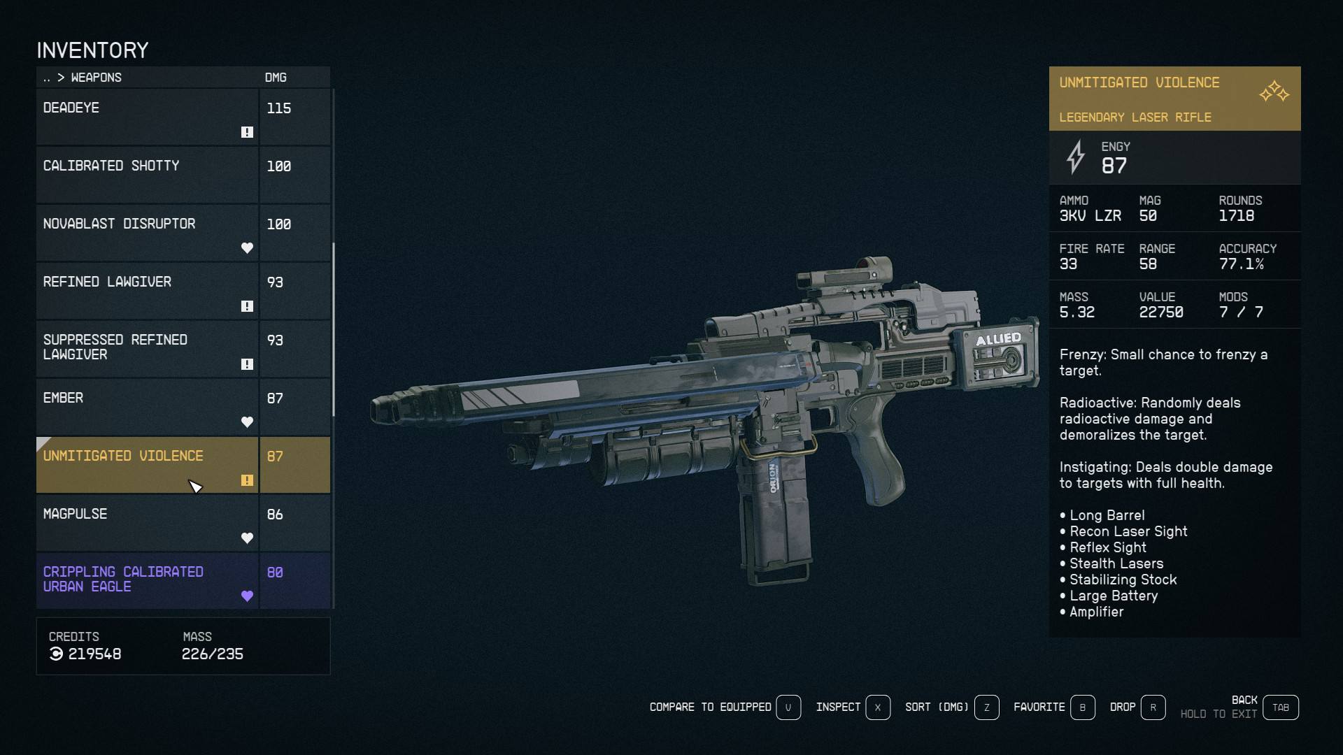 Best Starfield weapons: The Unmitigated Violence gun in a player's inventory.