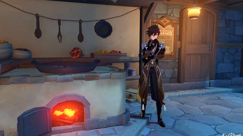 Genshin Impact best food: Image of Zhongli thinking by the cooking pot