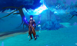 Genshin Impact Lakelight Lily locations: Zhongli stands next to a Lakelight Lily