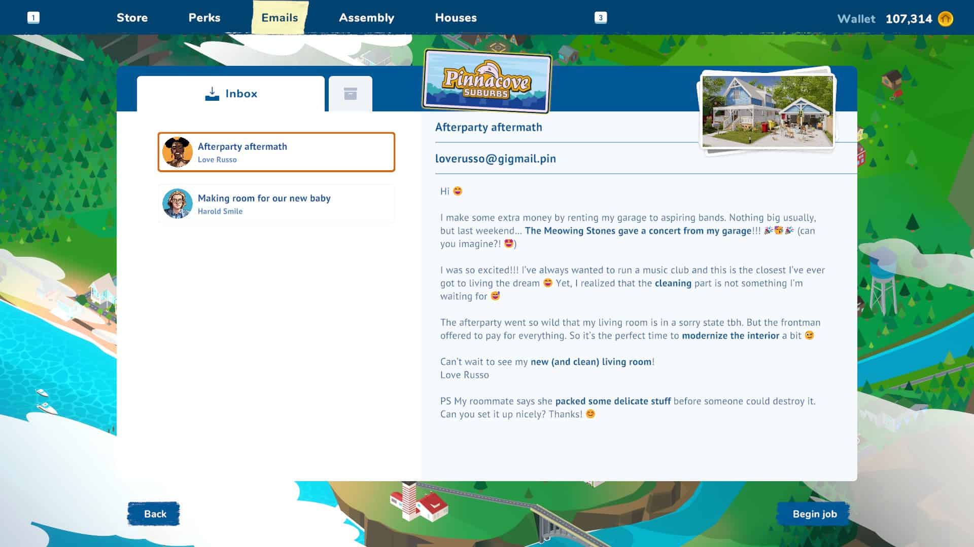House Flipper 2 review: The email menu showing a prospective client