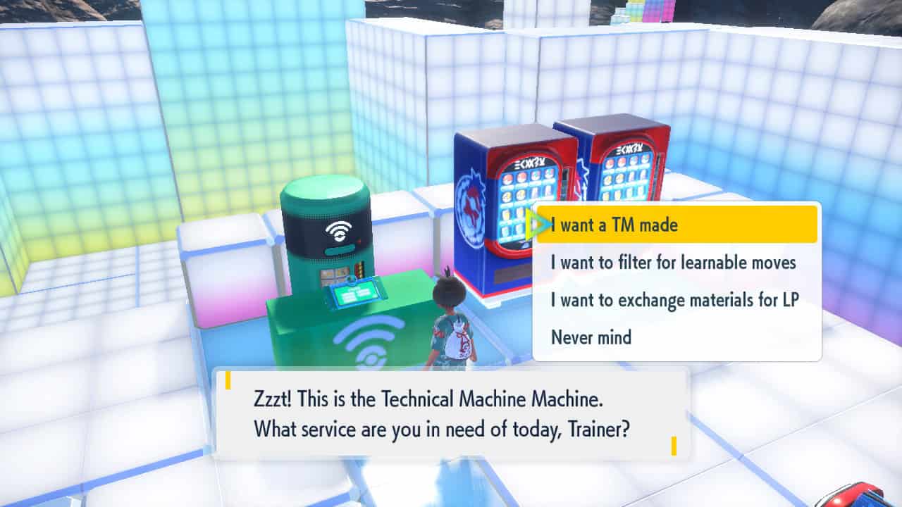 Pokemon Indigo Disk how to make TMs: The TM machine at the Central Plaza in the Terarium