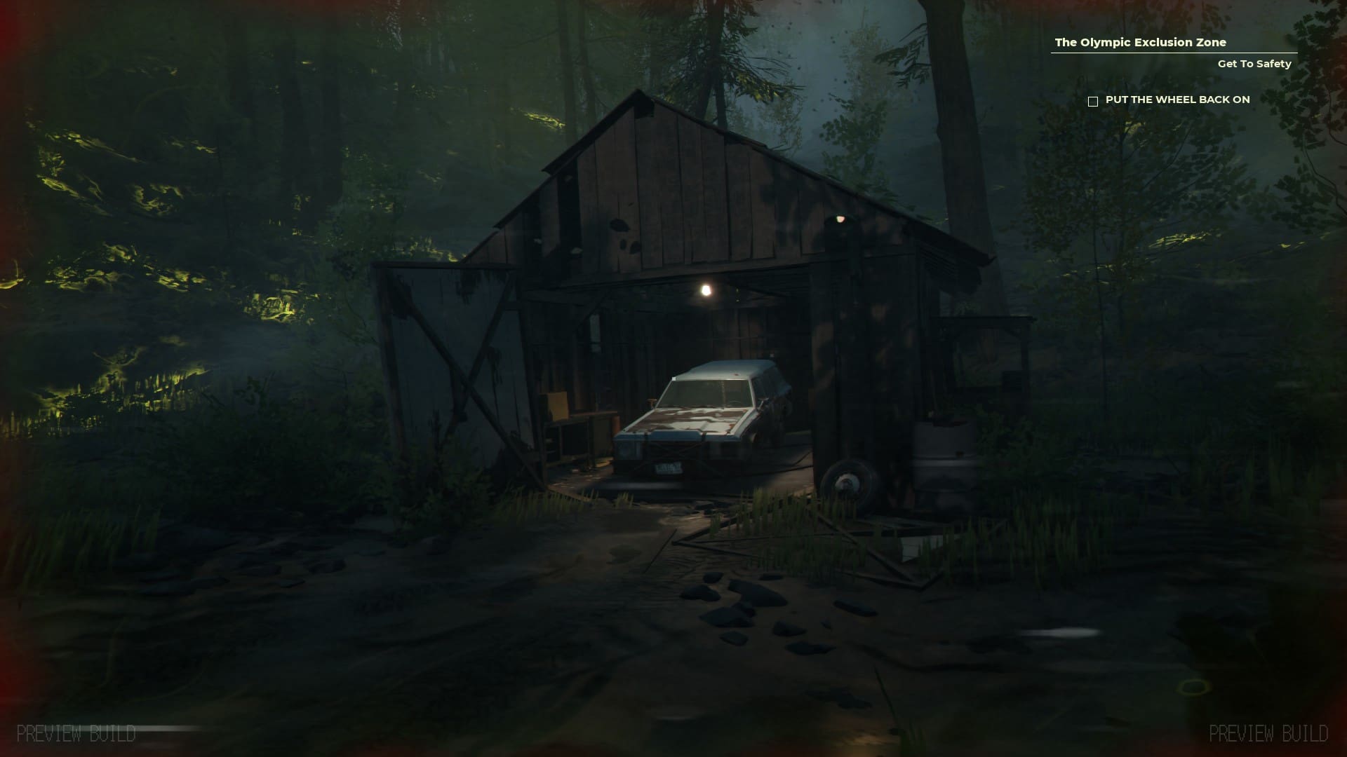Pacific Drive preview: An abandoned car parked in a dimly lit old garage.
