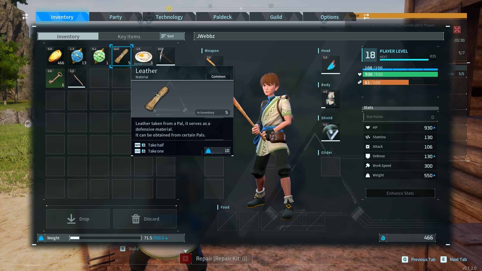Palworld farming leather - leather in the item menu