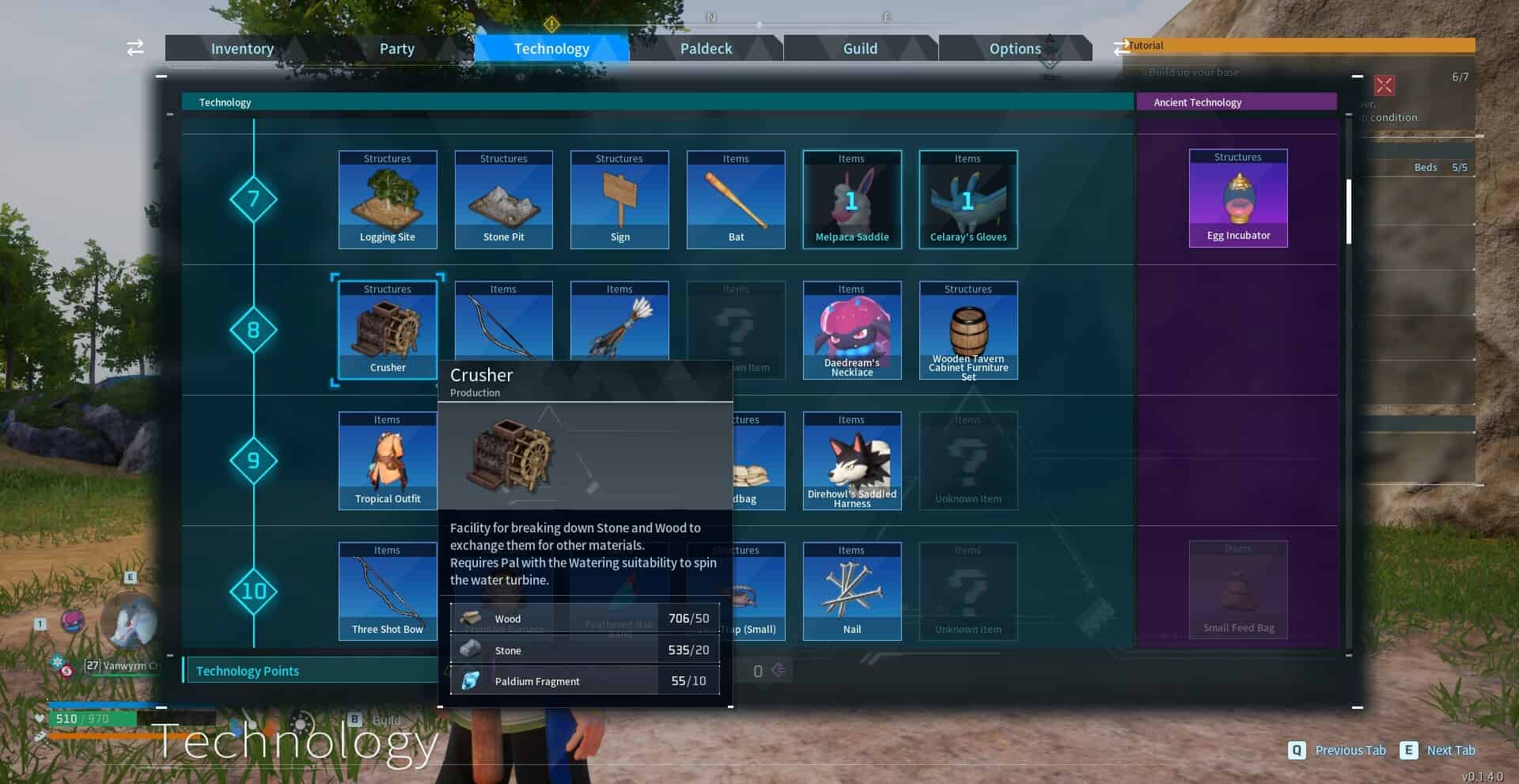 Technology screen in Palworld