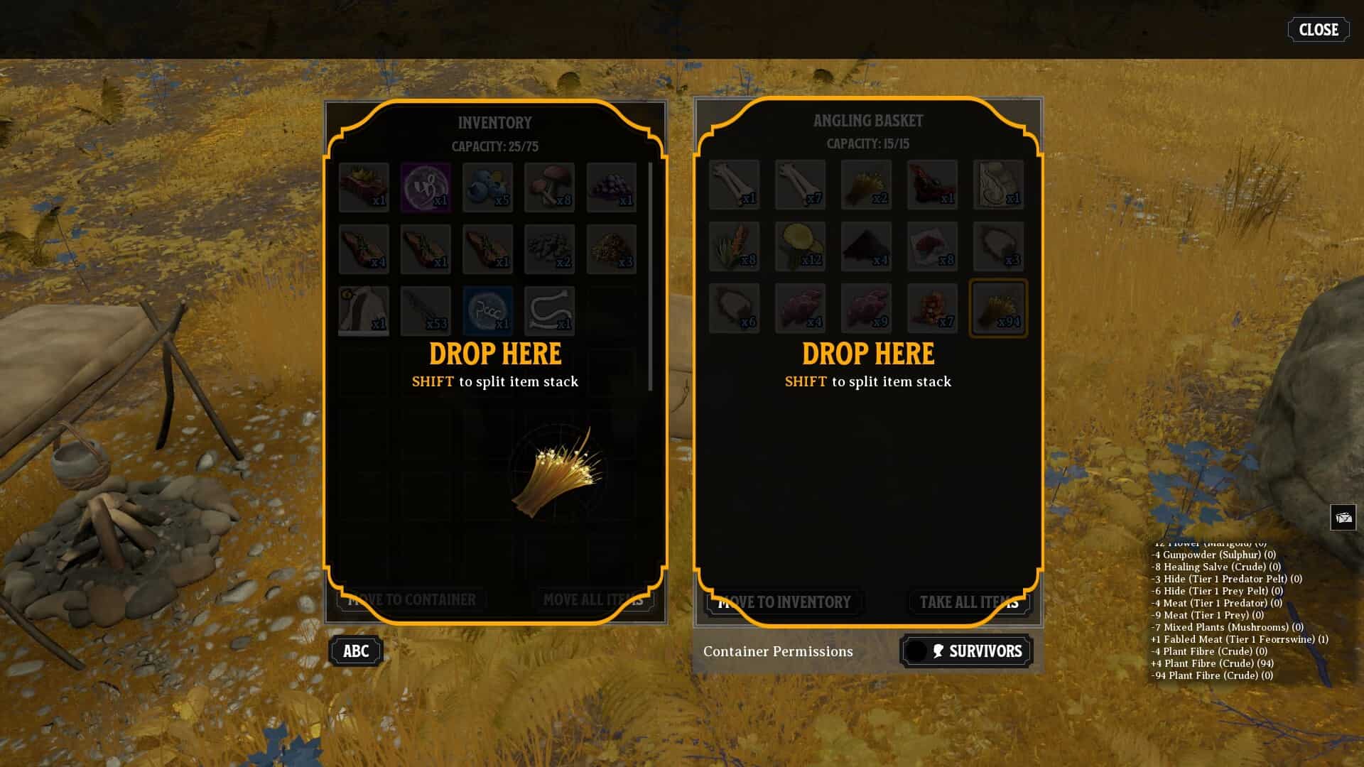 Splitting item stacks in Nightingale
