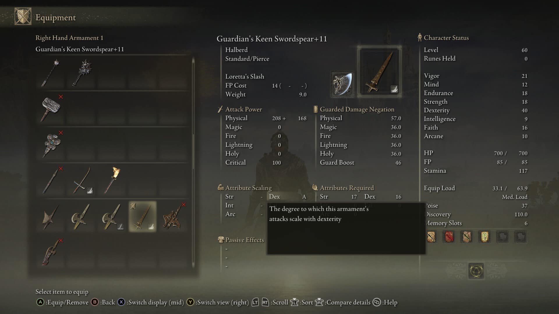 elden ring what does dexterity do: in-game tool-tip showing Dexterity scaling.
