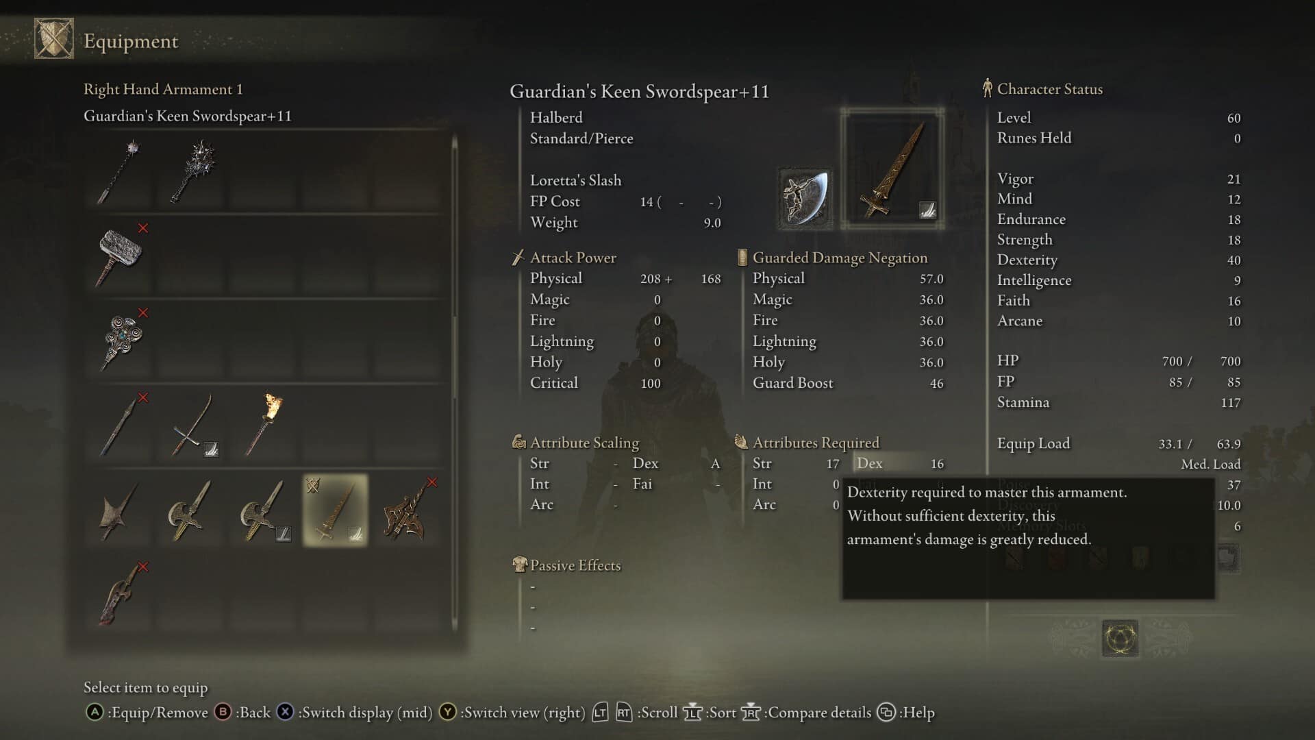 elden ring what does dexterity do: in-game tool-tip showing required dexterity attribute.