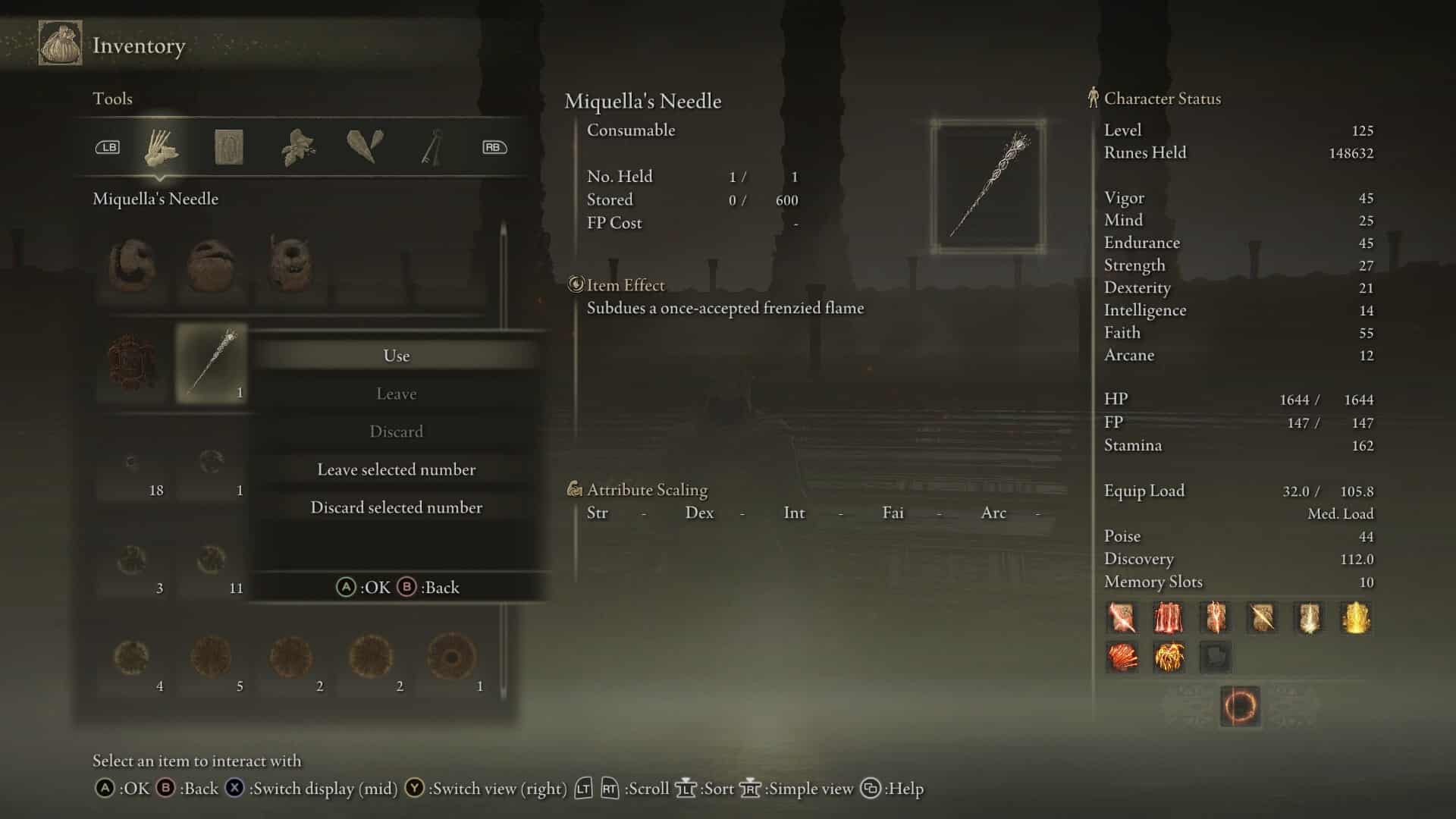 Elden Ring all endings: Miquella's Needle as seen in the item menu.