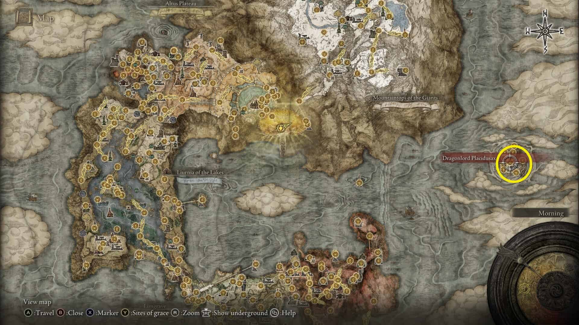 Elden Ring all endings: in-game map location with the area Crumbling Faram Azula highlighted