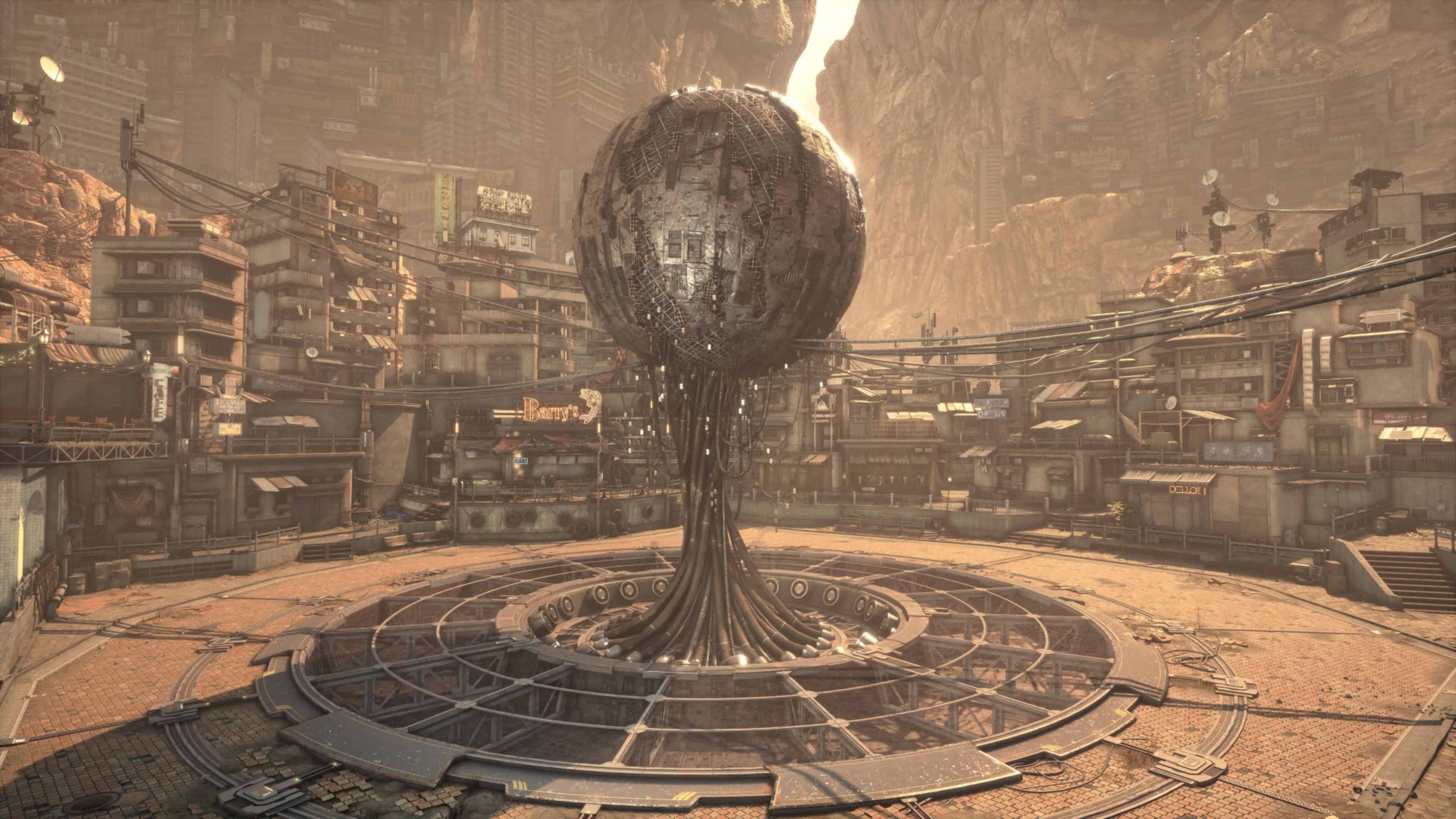 Stellar Blade main character: a city showing a spherical monument 