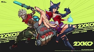 A poster for 2XKO featuring two characters equipped with weapons.
