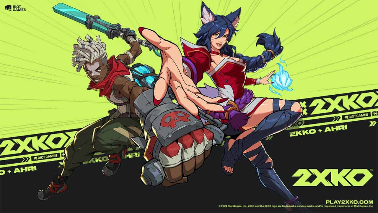 A poster for 2XKO featuring two characters equipped with weapons.