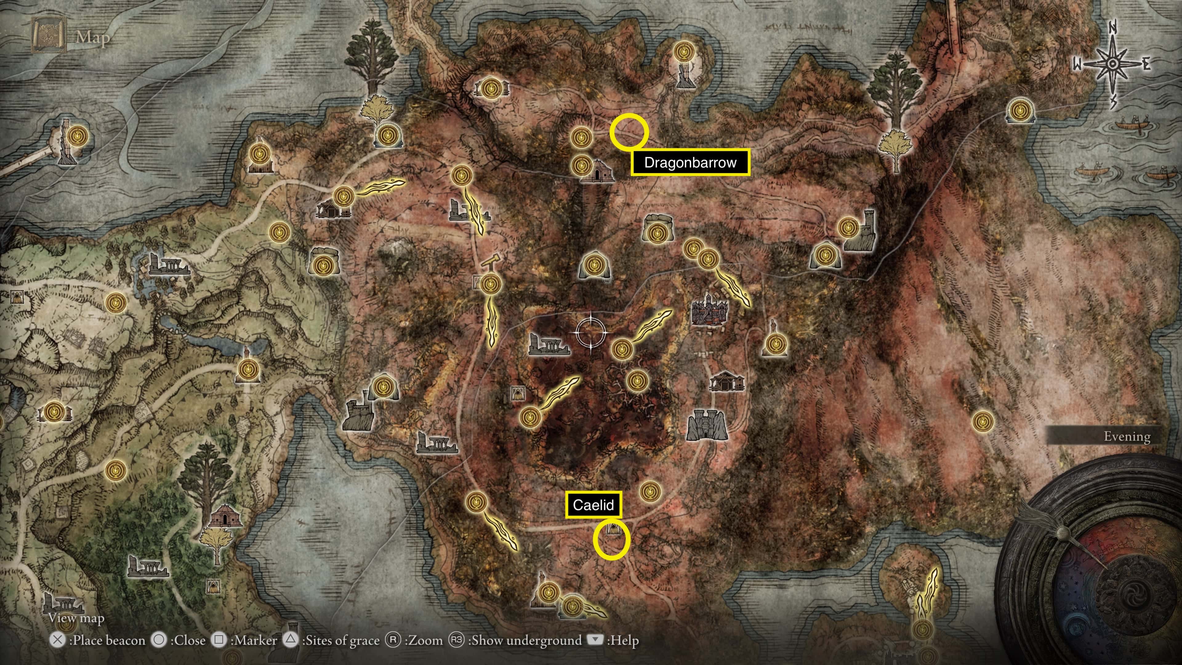 Elden Ring Map fragment: Location of the map fragments circled in yellow.