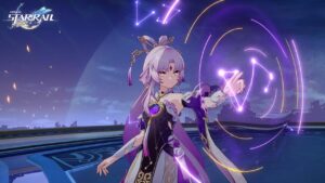 Fu Xuan in a purple dress is holding a purple wand in Honkai Star Rail.