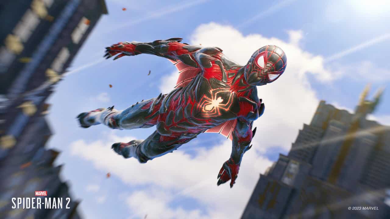 Spider-Man soaring through the sky in one of the Digital Deluxe suits from Spider-Man 2.