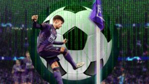 5 FM24 hacks: A player taking a corner kick with a giant football with a hacking effect in the background.