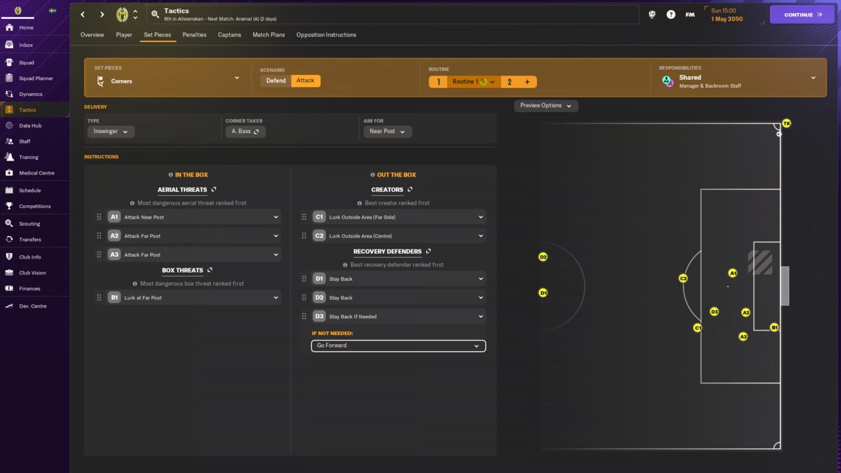 5 FM25 hacks: The set piece menu in FM24 showing a corner routine.