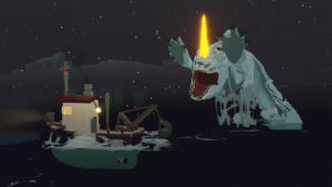 Dredge The Pale Reach review: Narwhal attacking a boat at night.