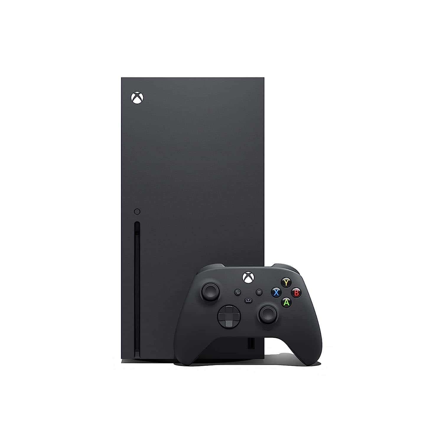 A black Xbox Series X console with a controller next to it.
