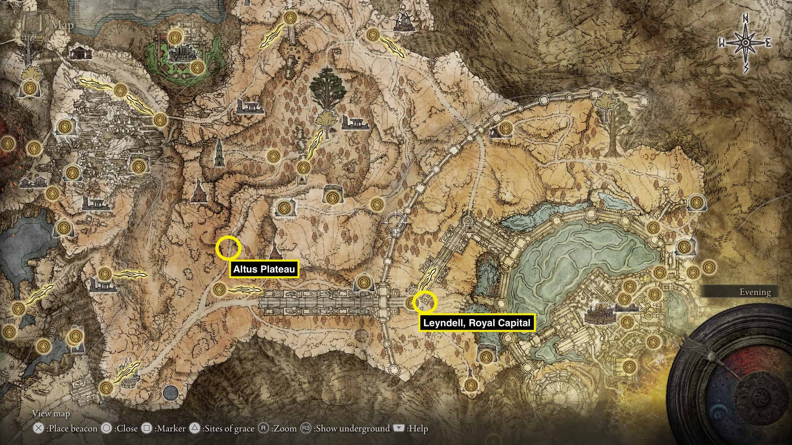 Elden Ring Map fragment: Location of the map fragments circled in yellow.