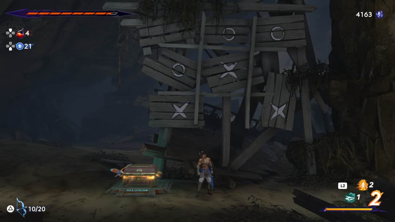 A screenshot of a video game with a man standing in front of a building, displaying one or two of the puzzle locations and solutions in Prince of Persia The Lost Crown Architect.