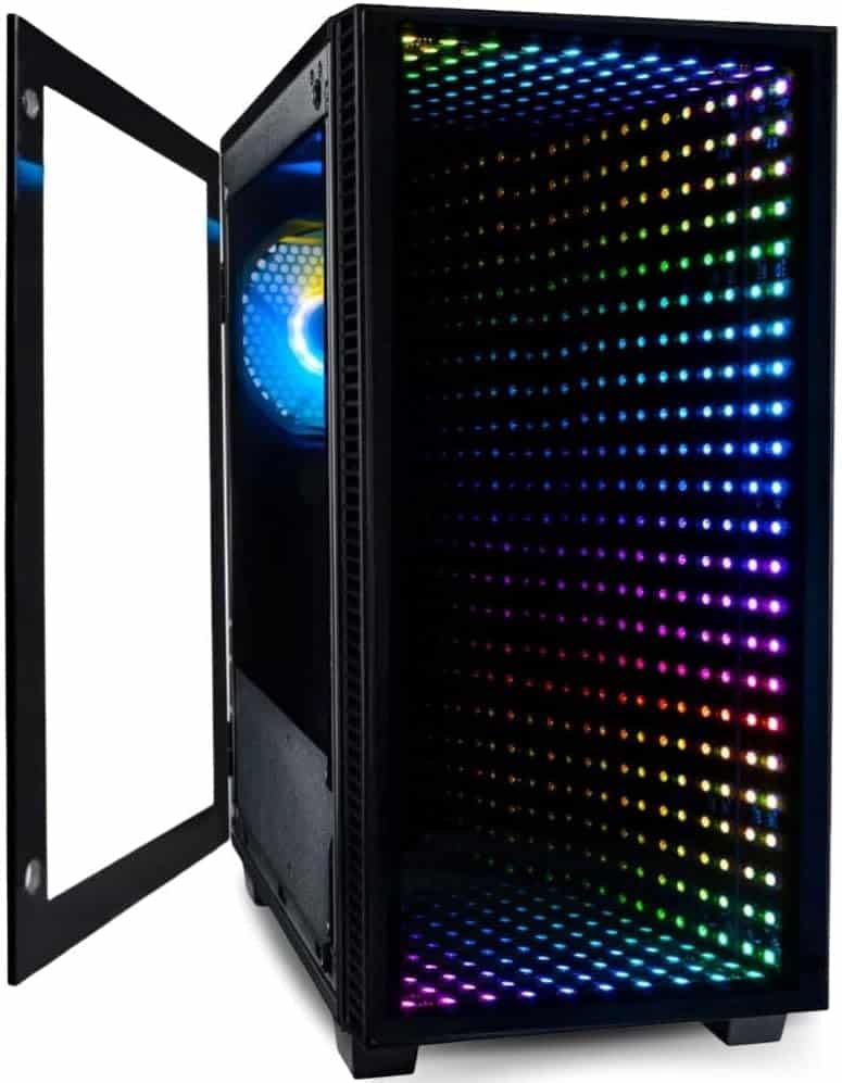 A computer case with rainbow LED lighting.